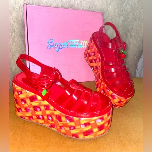 Dolls Kill Sugar Thrillz Cherry Pie Platform Jelly Sandals 9 - Picture 3 of 8
